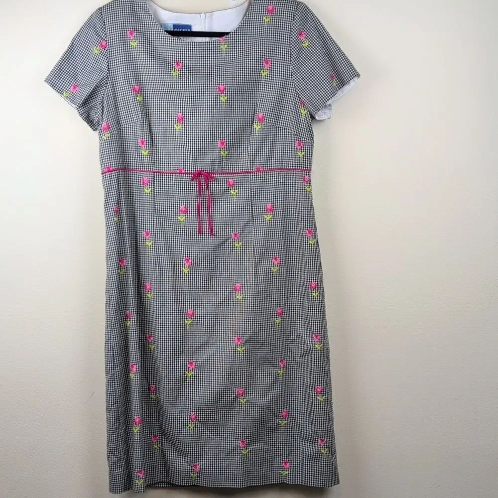 Vintage Black & White Gingham Dress Pink Floral Embroidery Size 12